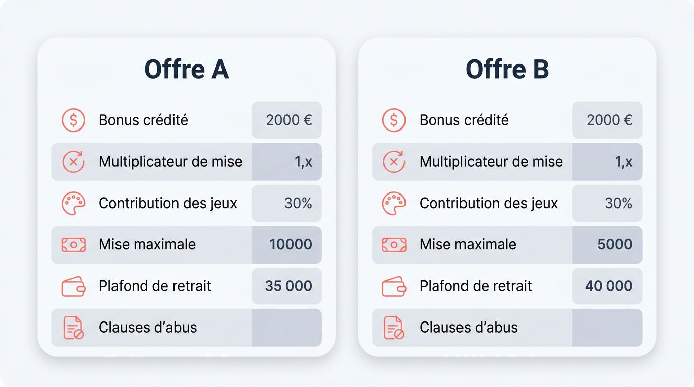 Comparaison des exigences de mise, jeux exclus et plafonds de retrait.