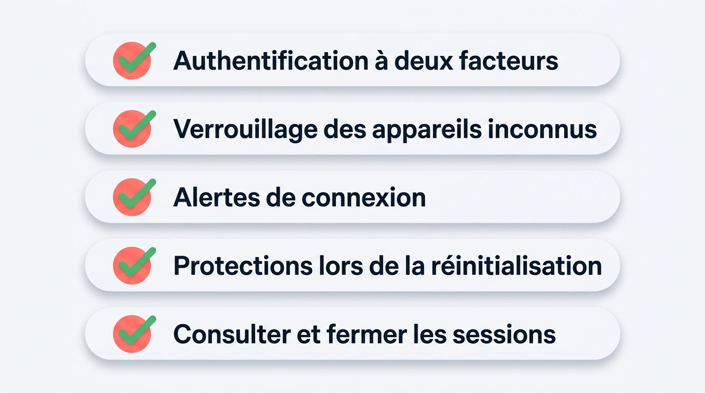 Fonctions de sécurité du compte, dont l’authentification à deux facteurs et les alertes de connexion.